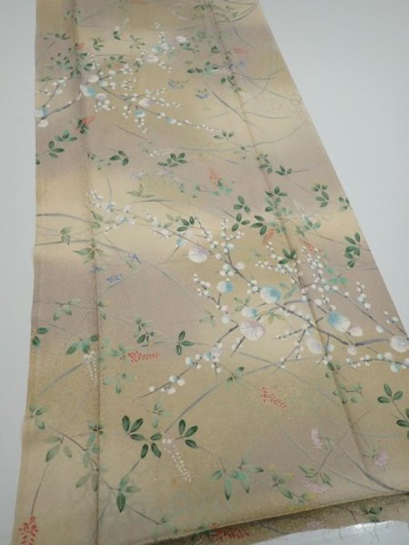 Photo2: 4H05z90  Japanese Kimono Silk  FABRIC Flowers Light olive 70.9x14.8 (2)