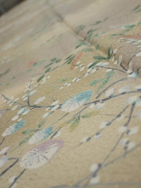 Photo4: 4H05z90  Japanese Kimono Silk  FABRIC Flowers Light olive 70.9x14.8 (4)