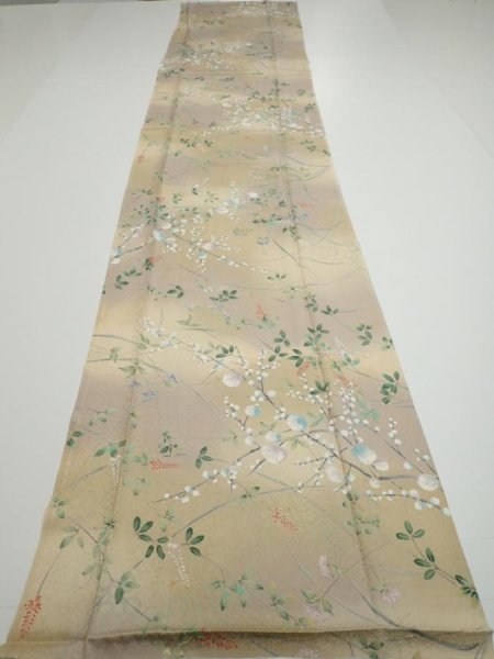 Photo5: 4H05z90  Japanese Kimono Silk  FABRIC Flowers Light olive 70.9x14.8 (5)