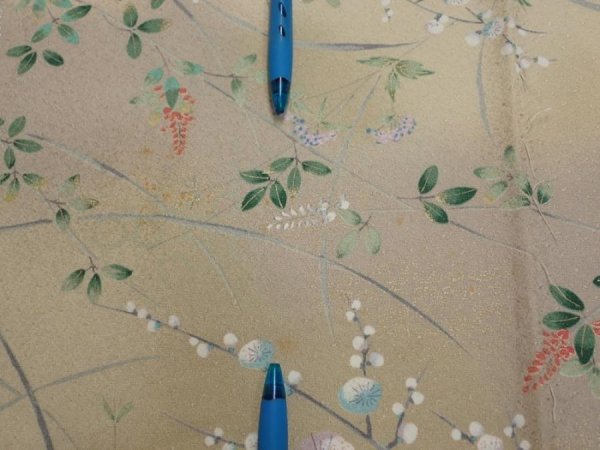 Photo6: 4H05z90  Japanese Kimono Silk  FABRIC Flowers Light olive 70.9x14.8 (6)