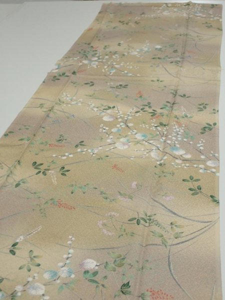 Photo3: 4H06z90  Japanese Kimono Silk  FABRIC Flowers Light olive 70.9x14.8 (3)