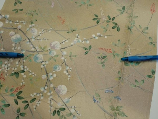 Photo6: 4H06z90  Japanese Kimono Silk  FABRIC Flowers Light olive 70.9x14.8 (6)