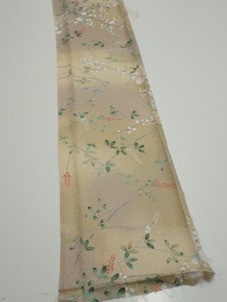 Photo2: 4H08z40  Japanese Kimono Silk  FABRIC Flowers Light olive 61.0x7.7 (2)