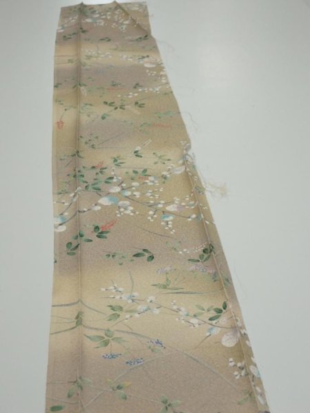 Photo3: 4H08z40  Japanese Kimono Silk  FABRIC Flowers Light olive 61.0x7.7 (3)
