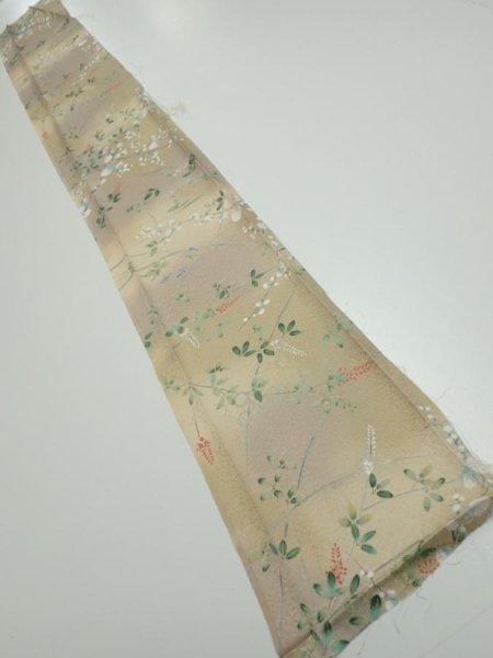 Photo5: 4H08z40  Japanese Kimono Silk  FABRIC Flowers Light olive 61.0x7.7 (5)