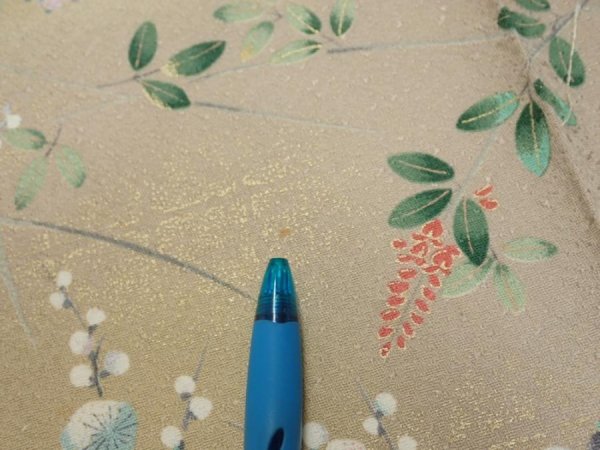 Photo7: 4H08z40  Japanese Kimono Silk  FABRIC Flowers Light olive 61.0x7.7 (7)