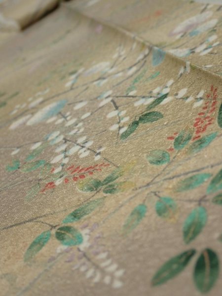 Photo4: 4H09z50  Japanese Kimono Silk  FABRIC Flowers Light olive 82.7x6.9 (4)