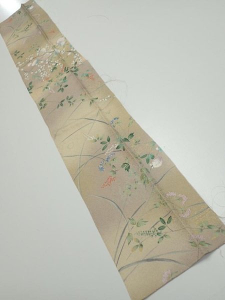 Photo1: 4H10z30  Japanese Kimono Silk  FABRIC Flowers Light olive 37.8x6.9 (1)