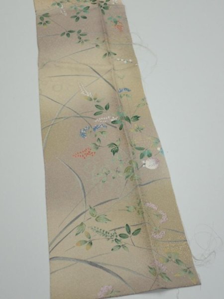 Photo3: 4H10z30  Japanese Kimono Silk  FABRIC Flowers Light olive 37.8x6.9 (3)
