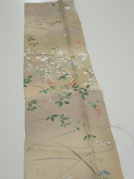 Photo4: 4H10z30  Japanese Kimono Silk  FABRIC Flowers Light olive 37.8x6.9 (4)