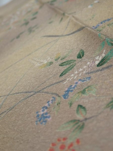Photo5: 4H10z30  Japanese Kimono Silk  FABRIC Flowers Light olive 37.8x6.9 (5)