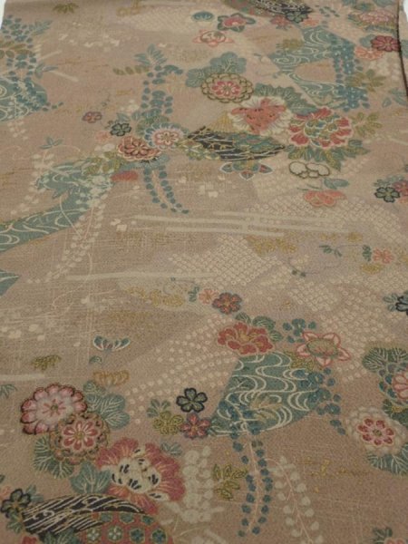 Photo1: 4H01z60  Japanese Kimono Crepe Silk  FABRIC Flowers Brown-Gray 39.4x14.2 (1)