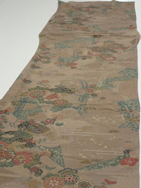 Photo3: 4H04z110  Japanese Kimono Crepe Silk  FABRIC Flowers Brown-Gray 68.5x14.2 (3)
