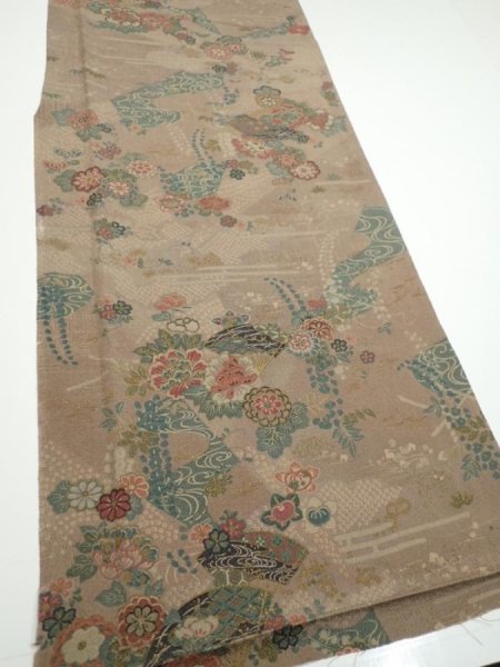 Photo2: 4H06z110  Japanese Kimono Crepe Silk  FABRIC Flowers Brown-Gray 68.5x14.2 (2)