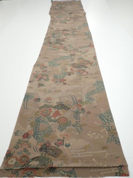 Photo5: 4H06z110  Japanese Kimono Crepe Silk  FABRIC Flowers Brown-Gray 68.5x14.2 (5)