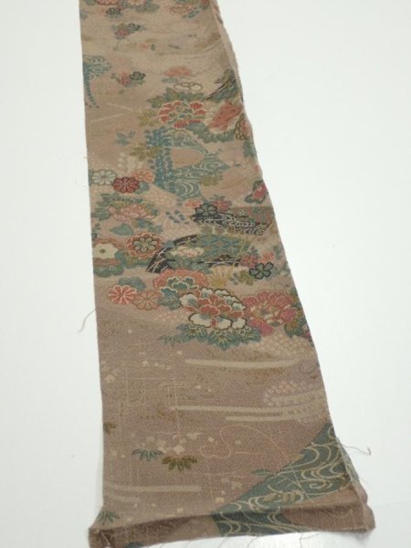 Photo2: 4H08z50  Japanese Kimono Crepe Silk  FABRIC Flowers Brown-Gray 59.8x7.1 (2)