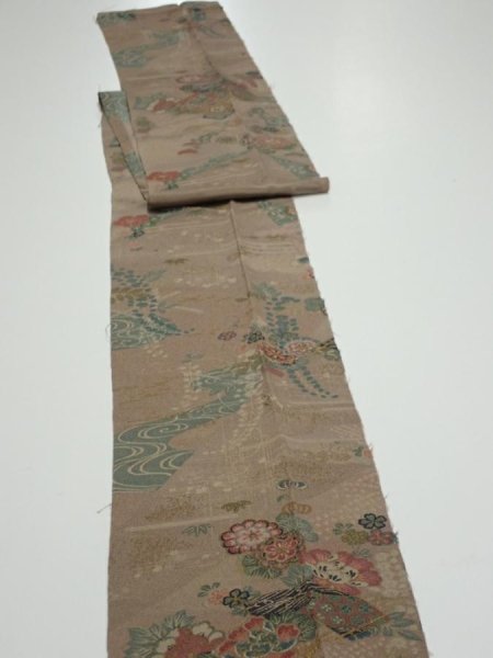 Photo3: 4H09z70  Japanese Kimono Crepe Silk  FABRIC Flowers Brown-Gray 85.0x6.9 (3)