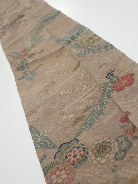 Photo2: 4H10z30  Japanese Kimono Crepe Silk  FABRIC Flowers Brown-Gray 40.2x6.9 (2)