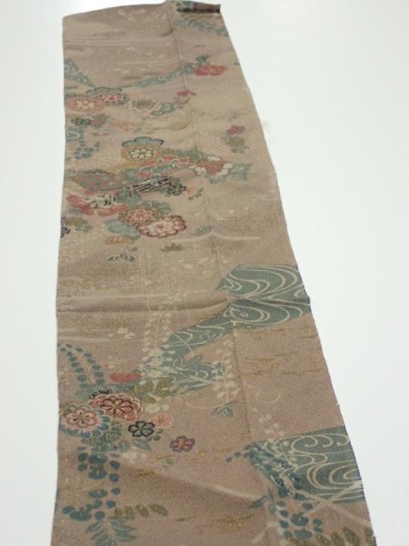 Photo4: 4H10z30  Japanese Kimono Crepe Silk  FABRIC Flowers Brown-Gray 40.2x6.9 (4)