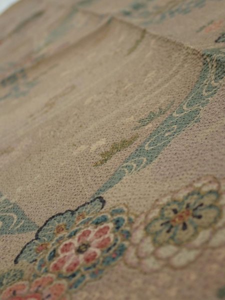 Photo5: 4H10z30  Japanese Kimono Crepe Silk  FABRIC Flowers Brown-Gray 40.2x6.9 (5)