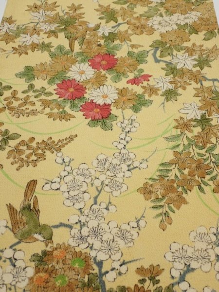 Photo1: 4H01z90  Japanese Kimono Crepe Silk  FABRIC Bird Sulfur yellow 48.4x14.2 (1)