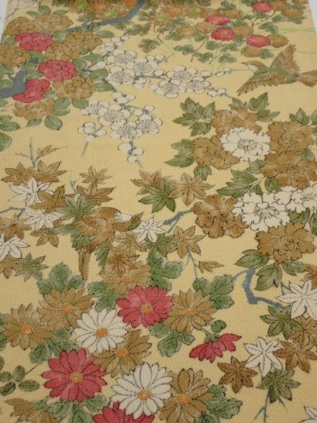Photo1: 4H02z90  Japanese Kimono Crepe Silk  FABRIC Bird Sulfur yellow 48.4x14.2 (1)