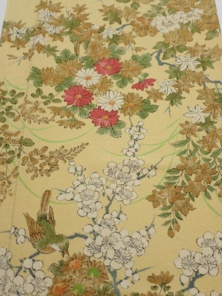 Photo1: 4H03z120  Japanese Kimono Crepe Silk  FABRIC Bird Sulfur yellow 64.6x14.2 (1)