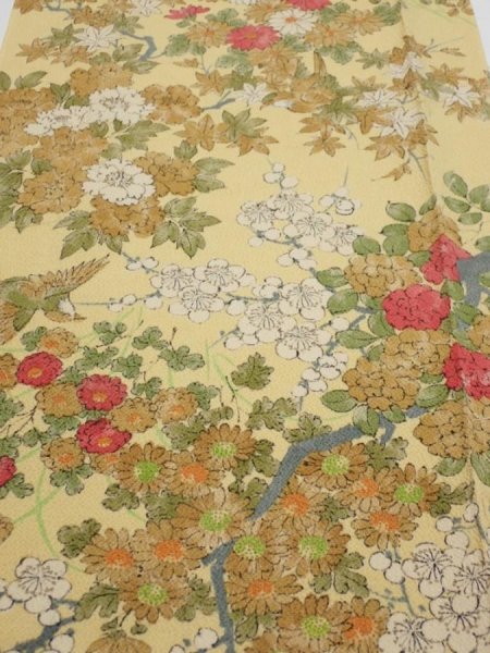 Photo1: 4H05z120  Japanese Kimono Crepe Silk  FABRIC Bird Sulfur yellow 65.0x14.0 (1)