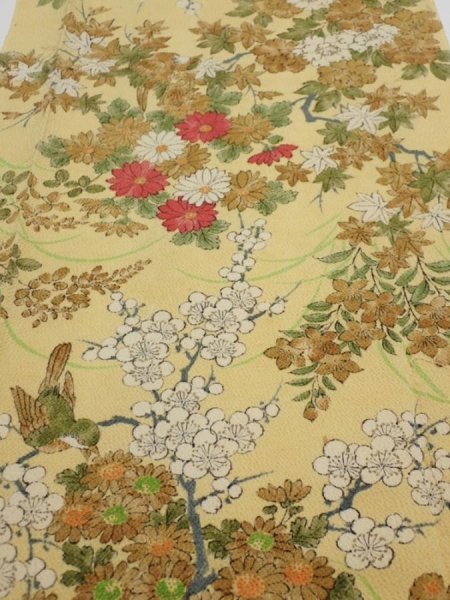 Photo1: 4H06z120  Japanese Kimono Crepe Silk  FABRIC Bird Sulfur yellow 65.4x14.0 (1)