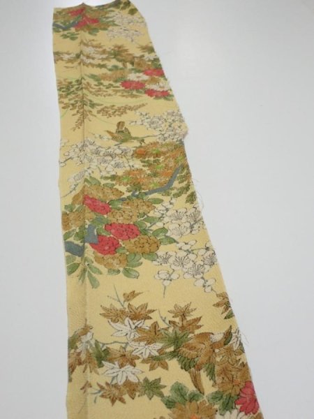 Photo3: 4H07z60  Japanese Kimono Crepe Silk  FABRIC Bird Sulfur yellow 57.1x7.5 (3)