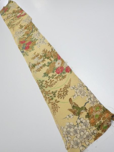 Photo6: 4H07z60  Japanese Kimono Crepe Silk  FABRIC Bird Sulfur yellow 57.1x7.5 (6)