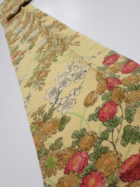 Photo1: 4H09z70  Japanese Kimono Crepe Silk  FABRIC Bird Sulfur yellow 77.2x6.3 (1)