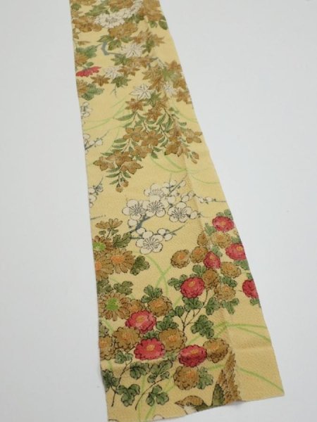 Photo2: 4H09z70  Japanese Kimono Crepe Silk  FABRIC Bird Sulfur yellow 77.2x6.3 (2)