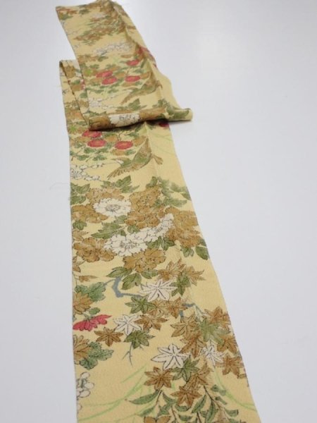 Photo3: 4H09z70  Japanese Kimono Crepe Silk  FABRIC Bird Sulfur yellow 77.2x6.3 (3)