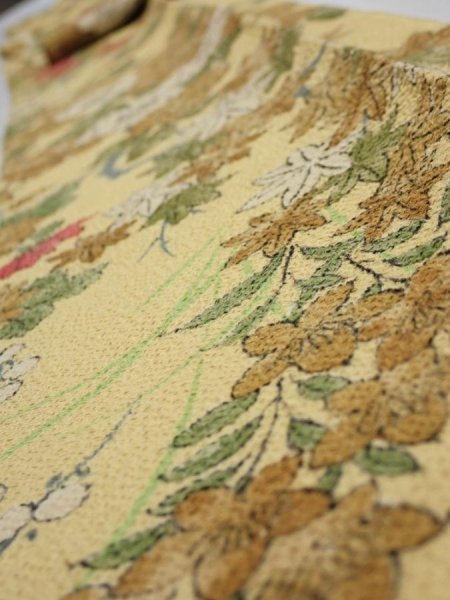 Photo4: 4H09z70  Japanese Kimono Crepe Silk  FABRIC Bird Sulfur yellow 77.2x6.3 (4)