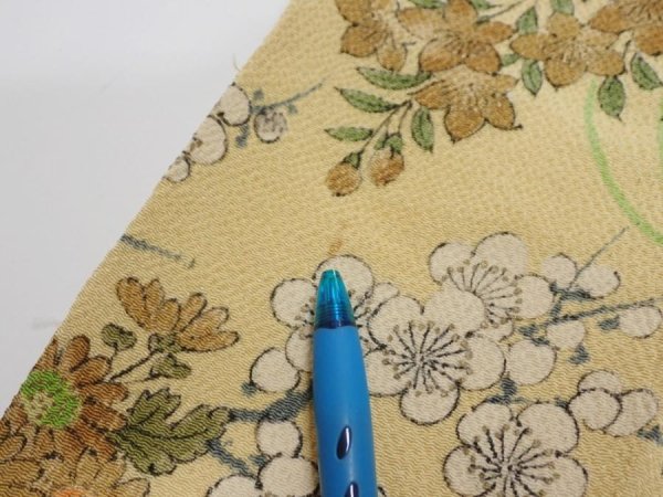 Photo6: 4H09z70  Japanese Kimono Crepe Silk  FABRIC Bird Sulfur yellow 77.2x6.3 (6)