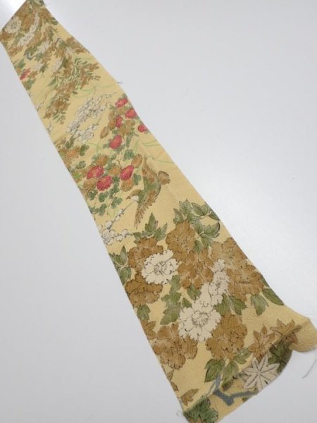 Photo1: 4H10z40  Japanese Kimono Crepe Silk  FABRIC Bird Sulfur yellow 37.0x6.3 (1)