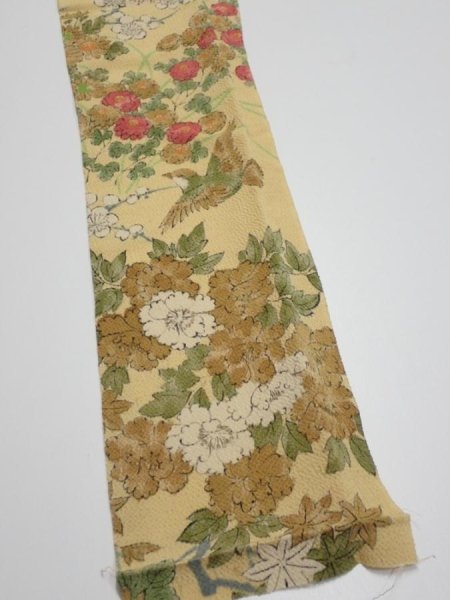 Photo3: 4H10z40  Japanese Kimono Crepe Silk  FABRIC Bird Sulfur yellow 37.0x6.3 (3)
