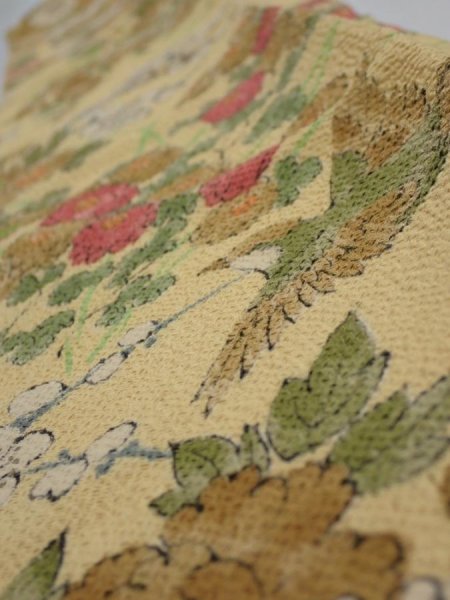 Photo5: 4H10z40  Japanese Kimono Crepe Silk  FABRIC Bird Sulfur yellow 37.0x6.3 (5)