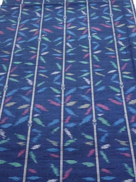 Photo1: 4H02z50  Japanese Kimono Silk TSUMUGI FABRIC Bamboo Navy 40.9x14.6 (1)
