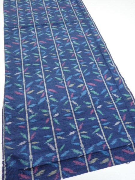 Photo2: 4H02z50  Japanese Kimono Silk TSUMUGI FABRIC Bamboo Navy 40.9x14.6 (2)