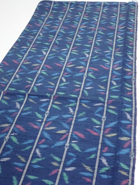 Photo3: 4H02z50  Japanese Kimono Silk TSUMUGI FABRIC Bamboo Navy 40.9x14.6 (3)