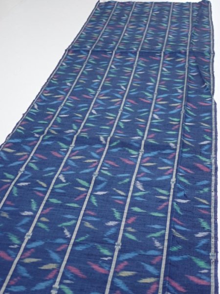 Photo3: 4H04z70  Japanese Kimono Silk TSUMUGI FABRIC Bamboo Navy 63.8x14.6 (3)