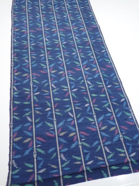 Photo2: 4H05z70  Japanese Kimono Silk TSUMUGI FABRIC Bamboo Navy 63.8x14.6 (2)