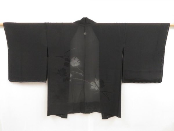 Photo1: 5315T02z280 Vintage Japanese Kimono Silk See through HAORI Flower Black (1)