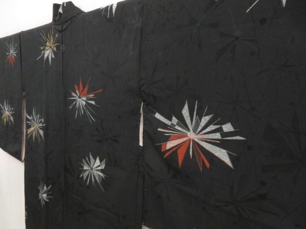 Photo2: 5315T07z640 Vintage Japanese Kimono Silk HAORI Chrysanthemum Black (2)