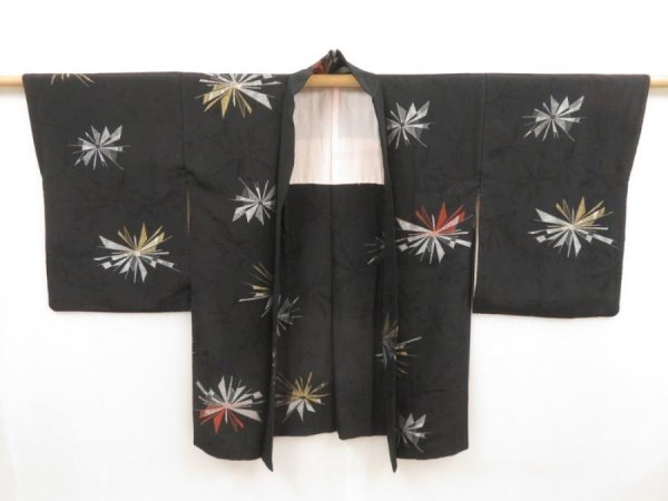 Photo6: 5315T07z640 Vintage Japanese Kimono Silk HAORI Chrysanthemum Black (6)