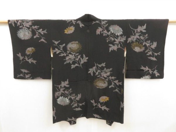 Photo1: 5315T09z660 Vintage Japanese Kimono Silk HAORI Chrysanthemum Black (1)