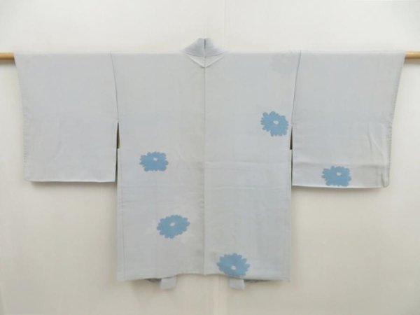 Photo1: 5315T10z610 Vintage Japanese Kimono Silk HAORI Flower Dull light blue (1)