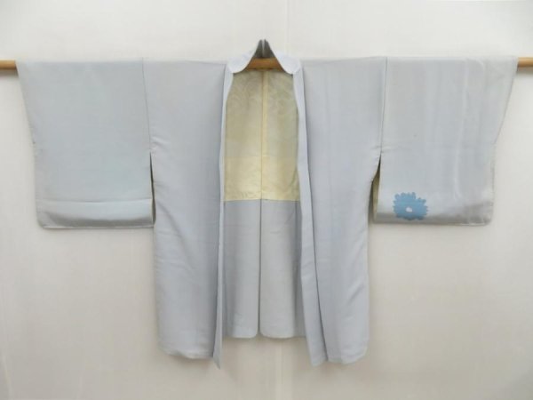 Photo6: 5315T10z610 Vintage Japanese Kimono Silk HAORI Flower Dull light blue (6)